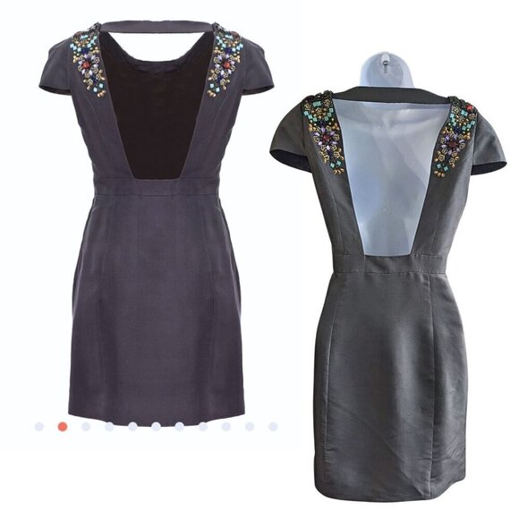 TIBI NY Charcoal Gray 100% Silk Jewel Embellished Cap Sleeve Mini Dress Size 4 - Picture 2 of 10